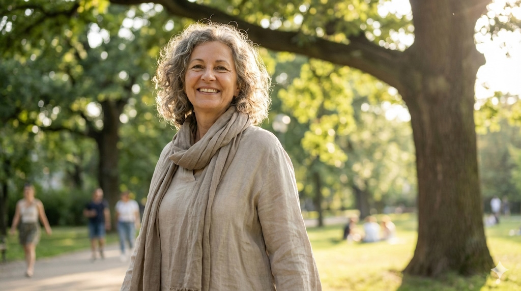 Boldog 60 éves nő sétál a parkban, élvezi a mozgás szabadságát