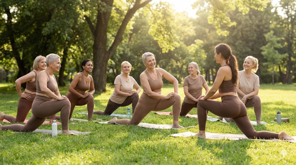 Nők csoportja kíméletes tornát végez a szabadban